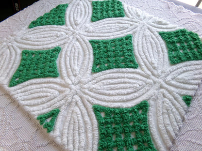 preppy chenille fabric, plush kelly green & white 23" x 20" inch piece of vintage sewing material for pillows, quilting, crafts