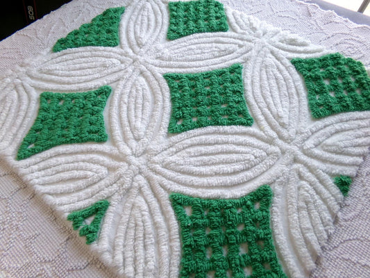 preppy chenille fabric, plush kelly green & white 23" x 20" inch piece of vintage sewing material for pillows, quilting, crafts