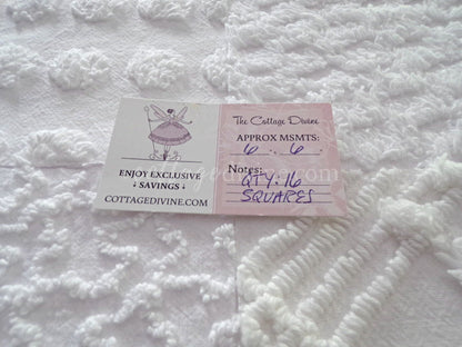 Chenille Quilt Squares Set, "Timeless White," from Vintage Bedspread Fabric, 16 Blocks, 6" inch