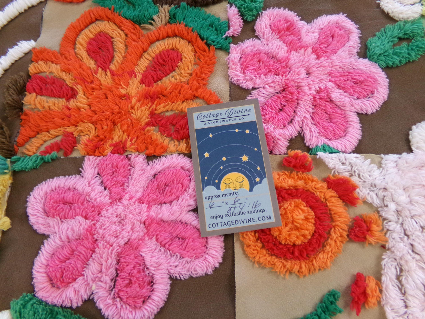 flower power vintage chenille fabric squares, set of 16 boho 70s style 6" blocks for arts & crafts, sewing