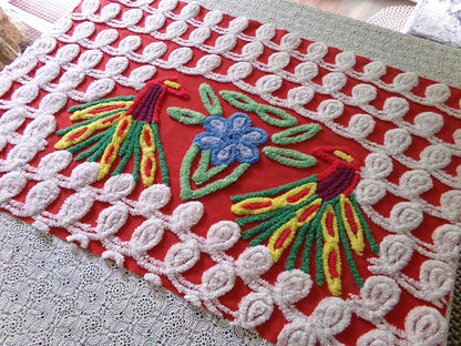 Vintage Peacock Chenille Bedspread Fabric, Pair of Lovebirds on Vivid Red & White Curlicues, 31" x 20" inch Piece, 100% Cotton