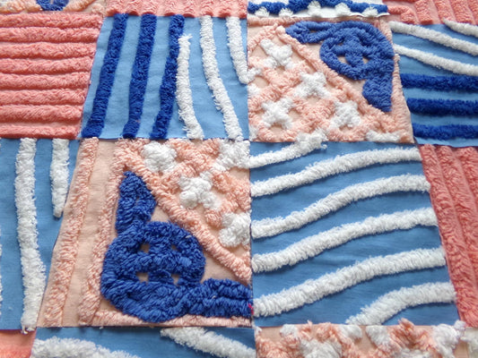 summer skies vintage chenille fabric squares, set of 16 peach & blue quilt blocks 6" ea, outstanding color and texture for quilting, sewing