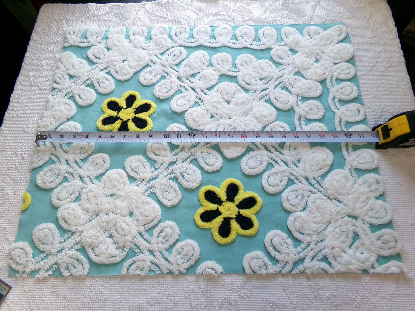 beach girl vintage chenille fabric, frothy white, seaglass blue, 20" x 25" piece of cotton sewing material for crafts, quilts, pillows