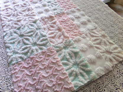 Beautiful Aqua & Pink Chenille Quilt Squares Set from Vintage Bedspread Fabric, 16 Blocks, 6" x 6" inch, Daisy, Squiggle, Polka Dot Patterns