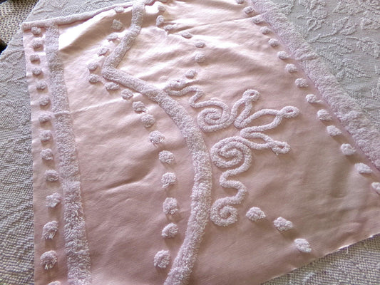 glamorous pink satin fabric piece with chenille tufting, 22" x 25" inch piece of luxury vintage sewing material for arts & crafts