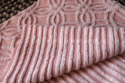 Beautiful Rosy Vintage Chenille Fabric Piece, 24" x 25" inches, Old Fashioned Wedding Rings & Cathedral Stripes
