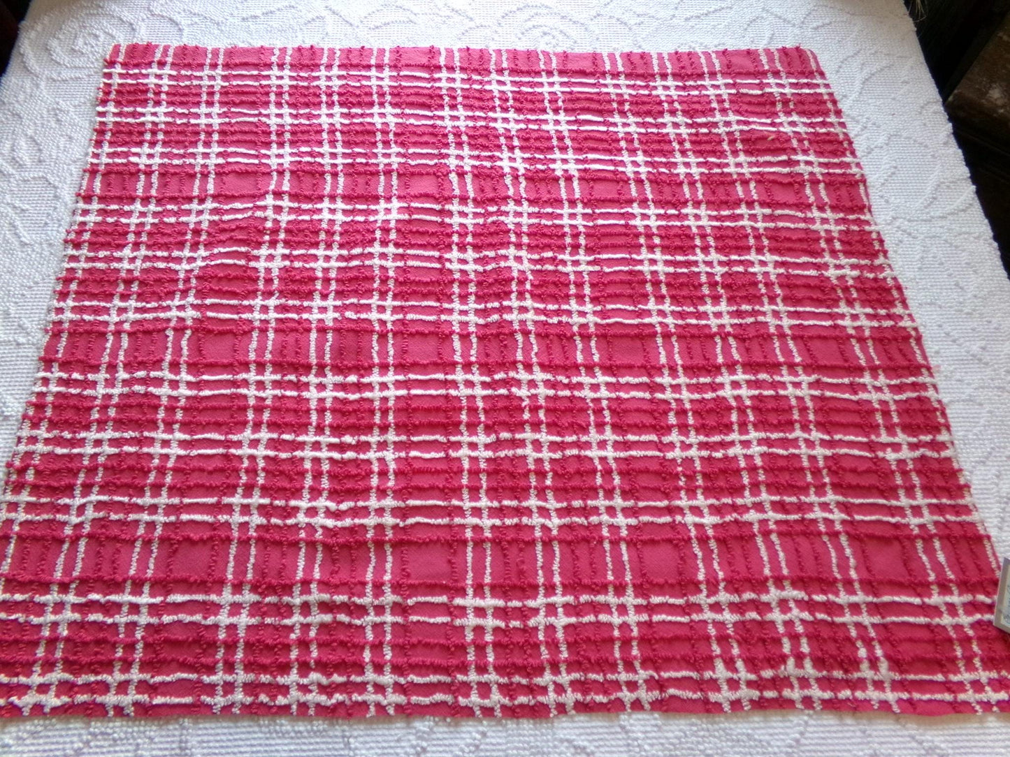 fabulous vintage chenille fabric, vivid pink & white plaid design 20" x 24" cut piece, upcycle into quilts, fiber arts, crafts