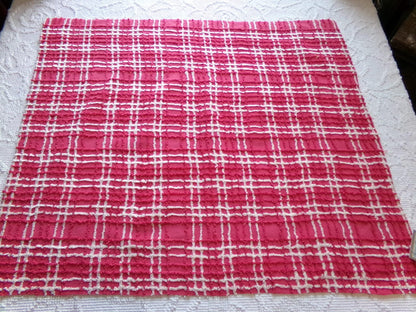 fabulous vintage chenille fabric, vivid pink & white plaid design 20" x 24" cut piece, upcycle into quilts, fiber arts, crafts