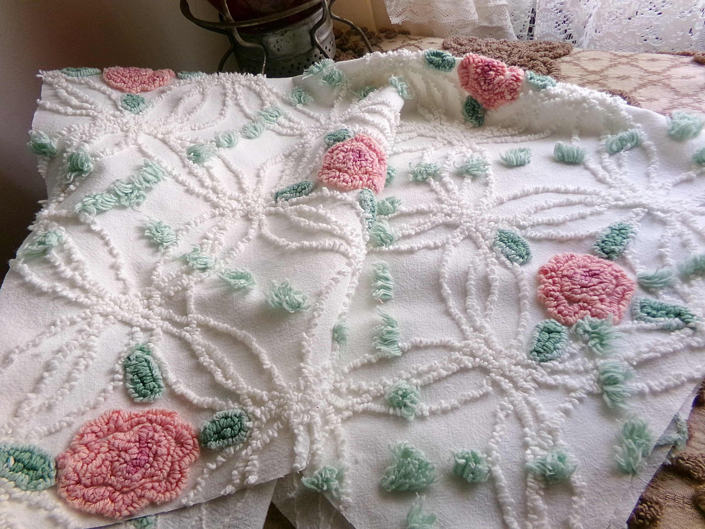 Pink Rose Garden Vintage Chenille Fabric, 18" x 25" Piece, Lovely Pink Florals in White Wedding Rings with Green Pops, 100% cotton material