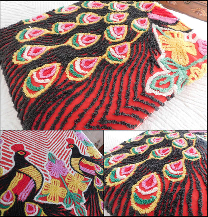 Vivid Red Peacock Vintage Chenille Bedspread, Rainbow Lovebirds with Gothic Black Feathers, 100% Cotton Full Size Bedding