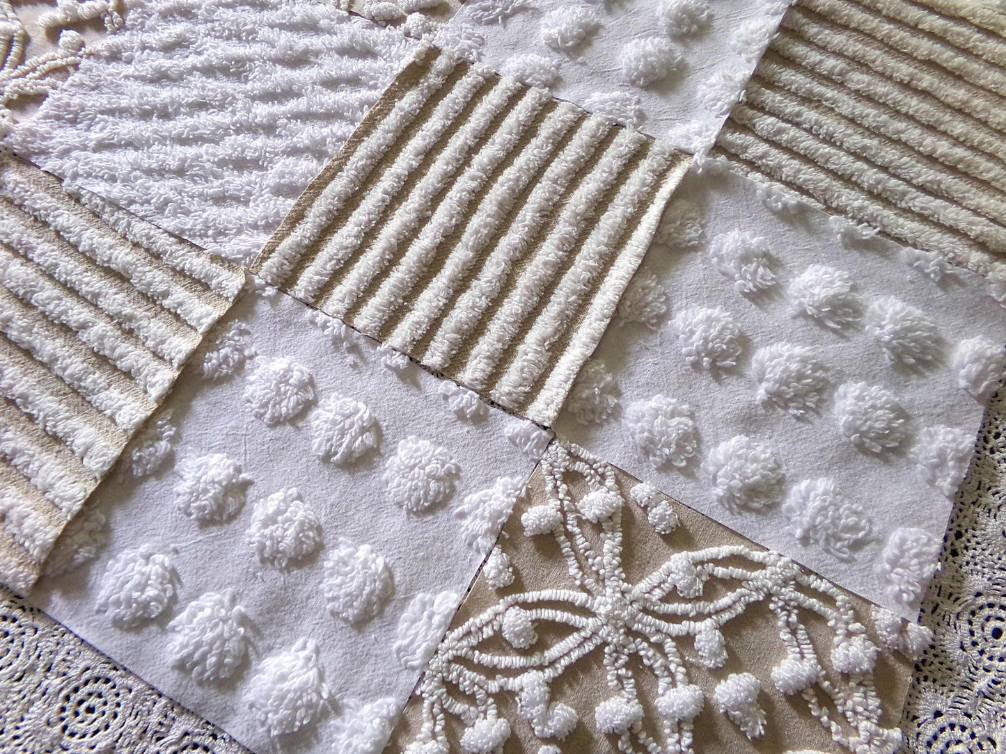 Neutral Modern Mocha & White Chenille Fabric Squares Set, 16 Vintage Quilt Blocks, 6" x 6" inches each, for Quilting, Sewing, DIY Pillows