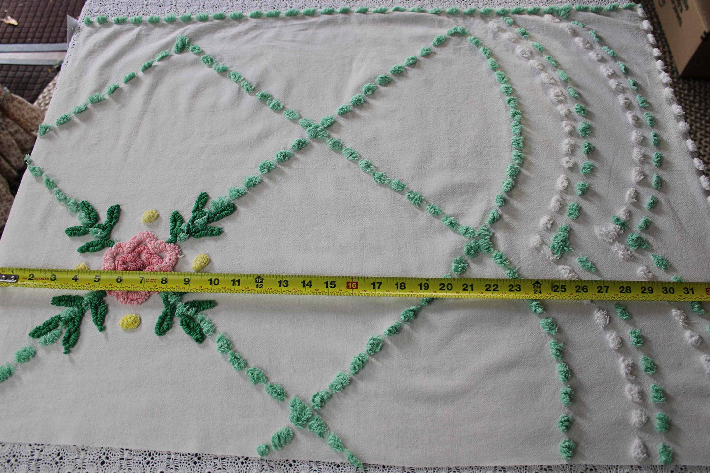 simple floral vintage chenille fabric, 32" x 23" cut piece, jadeite & white pops with pink rose flower, lightweight cotton