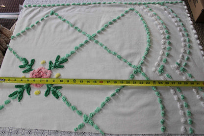 simple floral vintage chenille fabric, 32" x 23" cut piece, jadeite & white pops with pink rose flower, lightweight cotton