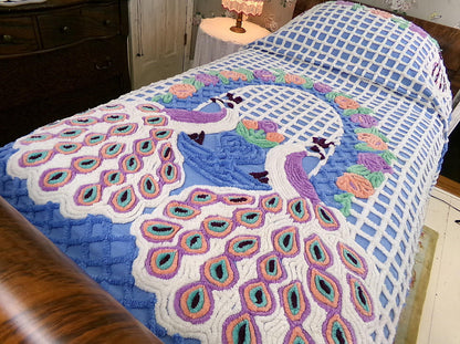 peacock vintage chenille bedspread, lovebirds under a sky blue flower garden trellis, luxury midcentury full size bedding