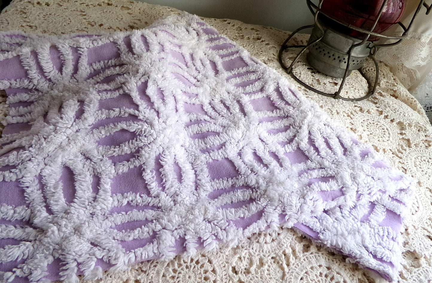 lilac chenille fabric, plush white wedding rings on purple, 18" x 24" inch piece cut from vintage chenille bedspread