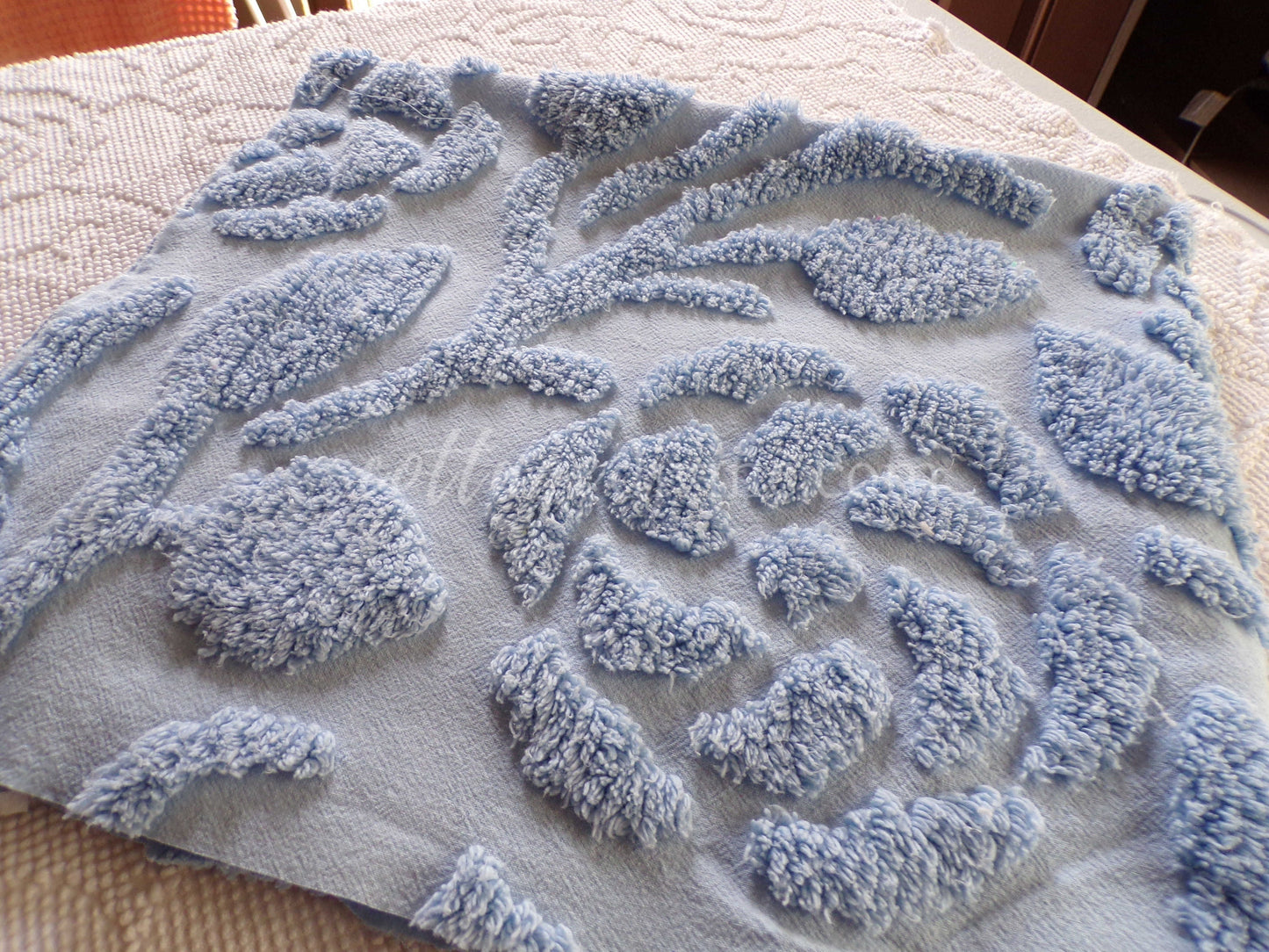 Stylized Roses Vintage Chenille Quilt Fabric, 30" x 26" inch Piece, Soothing Dusky Blue Rose Blooms, 100% Cotton