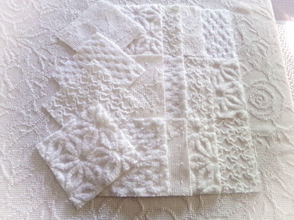 Snow Baby Chenille Fabric Squares Set of 16 White Quilt Blocks, 6" x 6" inches each, Diamond, Squiggle Daisy & Hobnail Texture Patterns