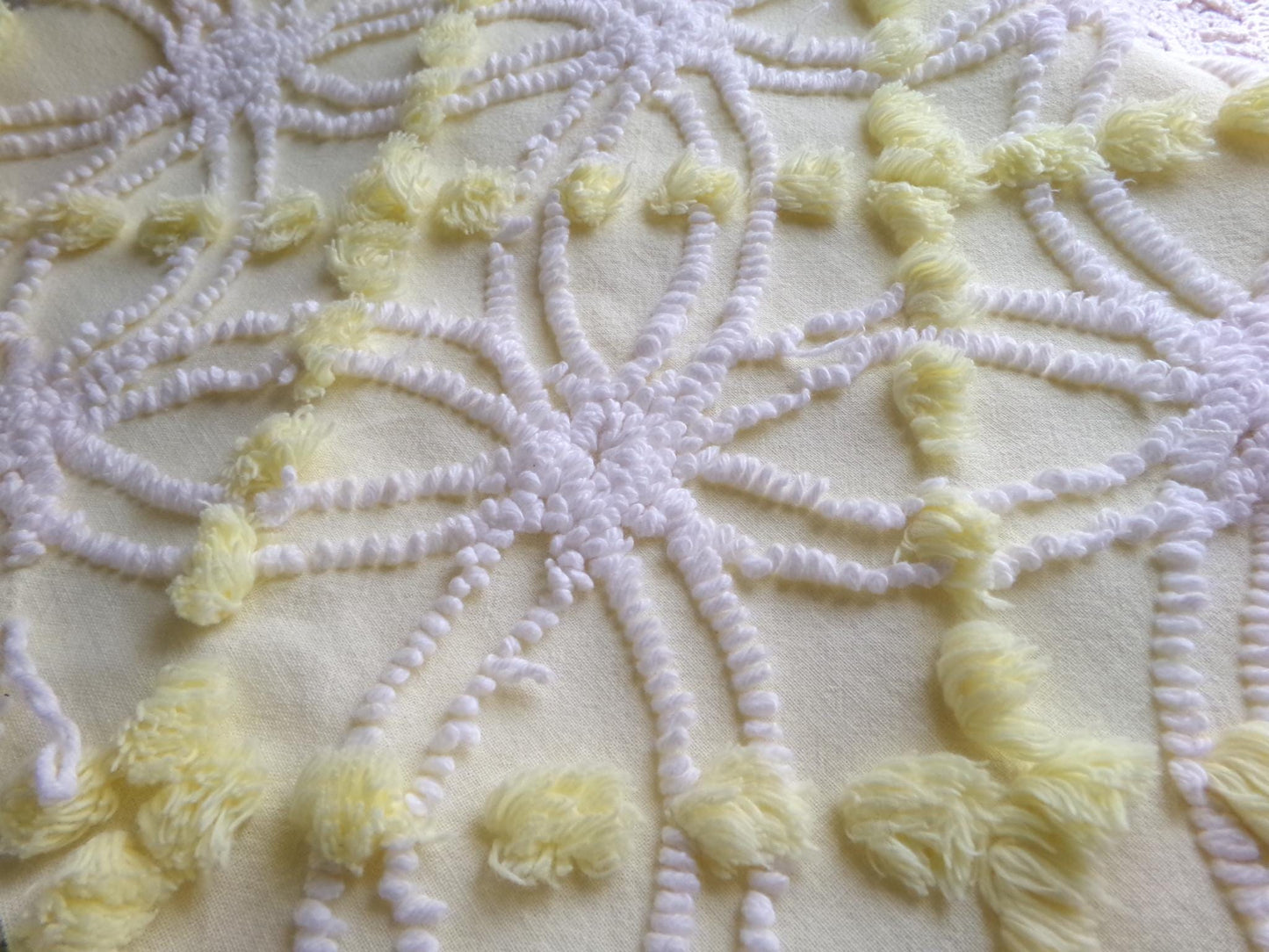 springtime yellow & white chenille fabric, vintage 27" x 21" inch piece of quilt material with fluffy pops, needletuft spider rings