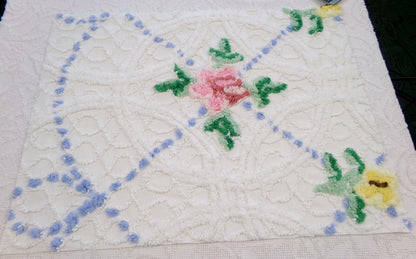 rose cottage vintage chenille fabric, floral design on white, 19" x 25" cut piece for arts & crafts