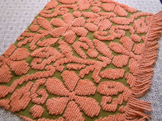 Boho Hippie Coral Orange & Moss Green Vintage Chenille Fabric, 18" x 24" Piece with Edge Fringe, Stylized Daisies for Retro Craft Projects