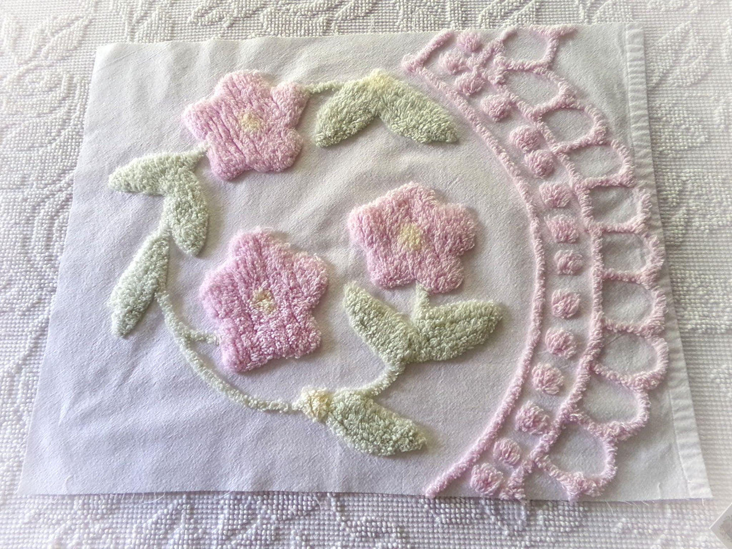 pink rose blooms chenille fabric, vintage style floral wreath quilt material, white 100% cotton, 15" x 18" piece for sewing