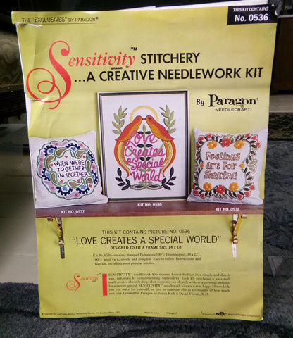 LOVE CREATES a SPECIAL World Vintage Crewel Embroidery Kit, Paragon Creative Stitchery #0536, Boho Hippie 1970s Needlework Design
