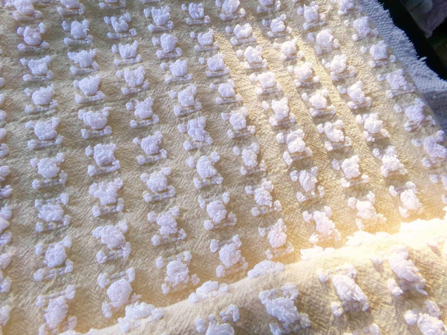Buttercup Yellow White Rosebud Vintage Chenille Fabric, Cottage Style Tufted Roses, 12" x 24" inch Piece