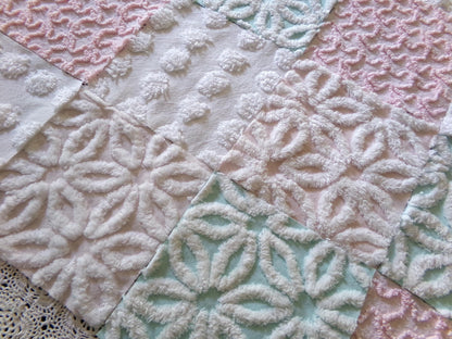 Beautiful Aqua & Pink Chenille Quilt Squares Set from Vintage Bedspread Fabric, 16 Blocks, 6" x 6" inch, Daisy, Squiggle, Polka Dot Patterns