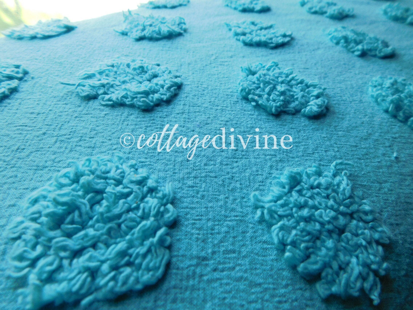 Jumbo Aqua Coin Pops Vivid Vintage Style Chenille Quilt Fabric Piece, 16" x 20" inches
