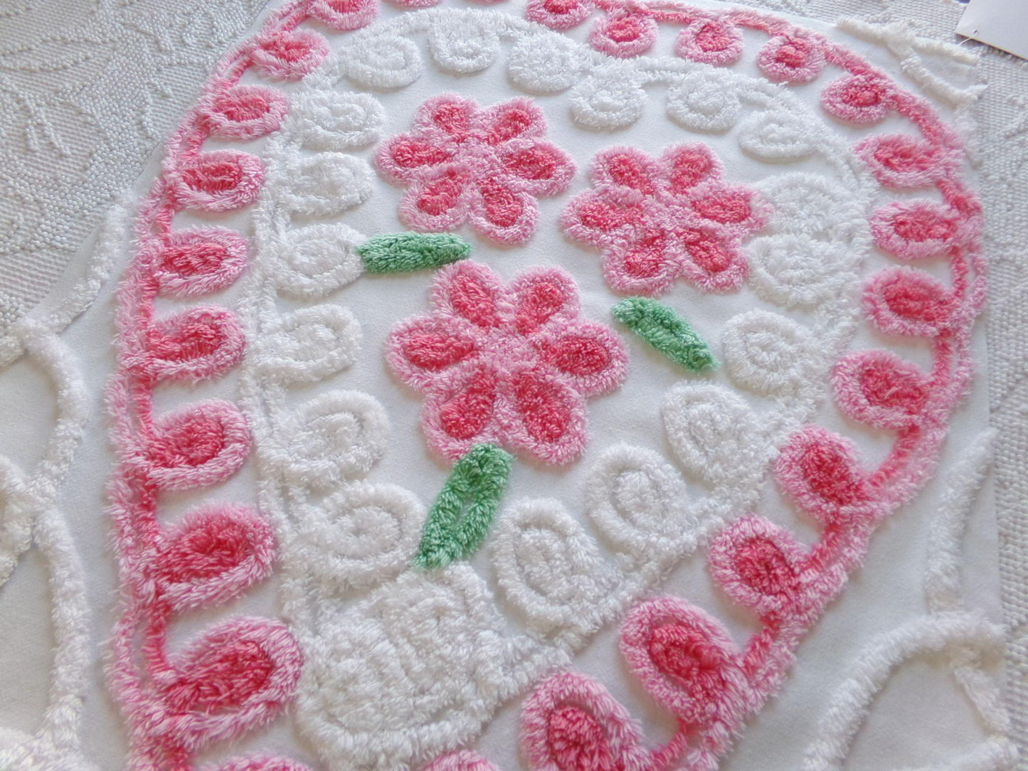 pretty pink heart vintage chenille fabric, a trio of roses with curlicue swirls, 17" x 23" inch piece of sewing material great for pillow