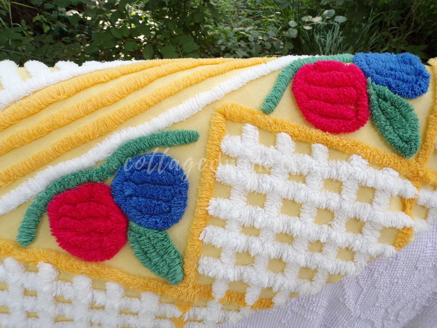 Happy Vintage Chenille Fabric, Red & Blue Rosettes on Yellow Geometric, 29" x 30" inch piece