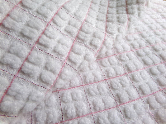 fuzzy quad dots vintage chenille fabric, little popcorns in pink shimmer squares, 17"x 35" inch piece for sewing, handmade chenille quilts