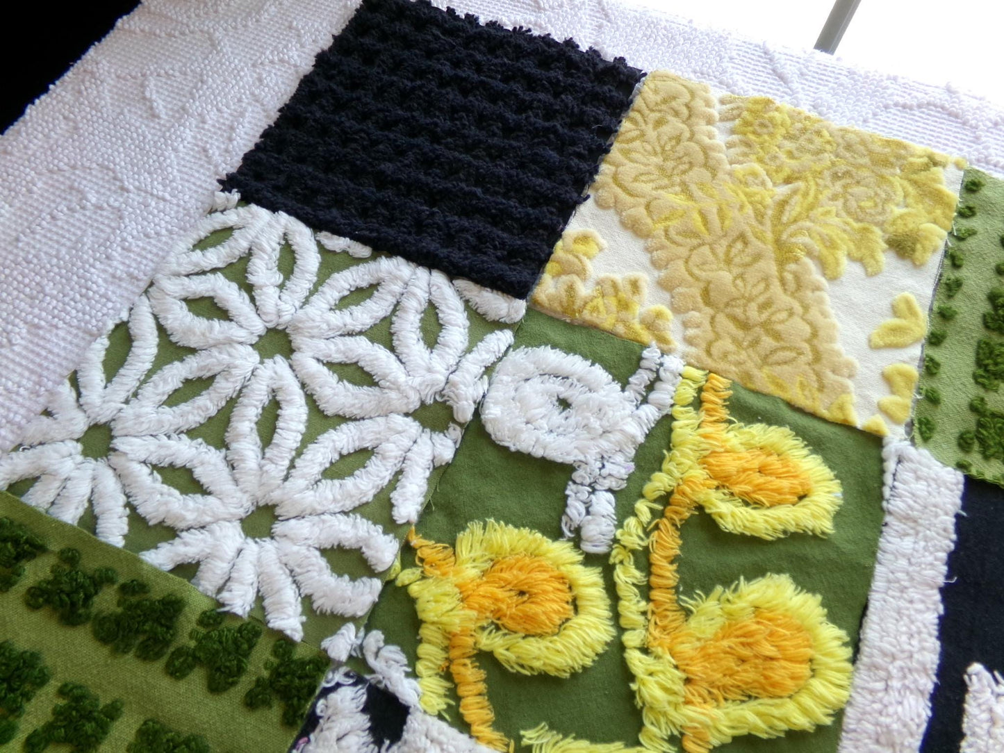 bewitching blend of vintage 6" chenille squares, set of 16 quilt blocks, rotary cut from boho vintage chenille bedspread fabrics