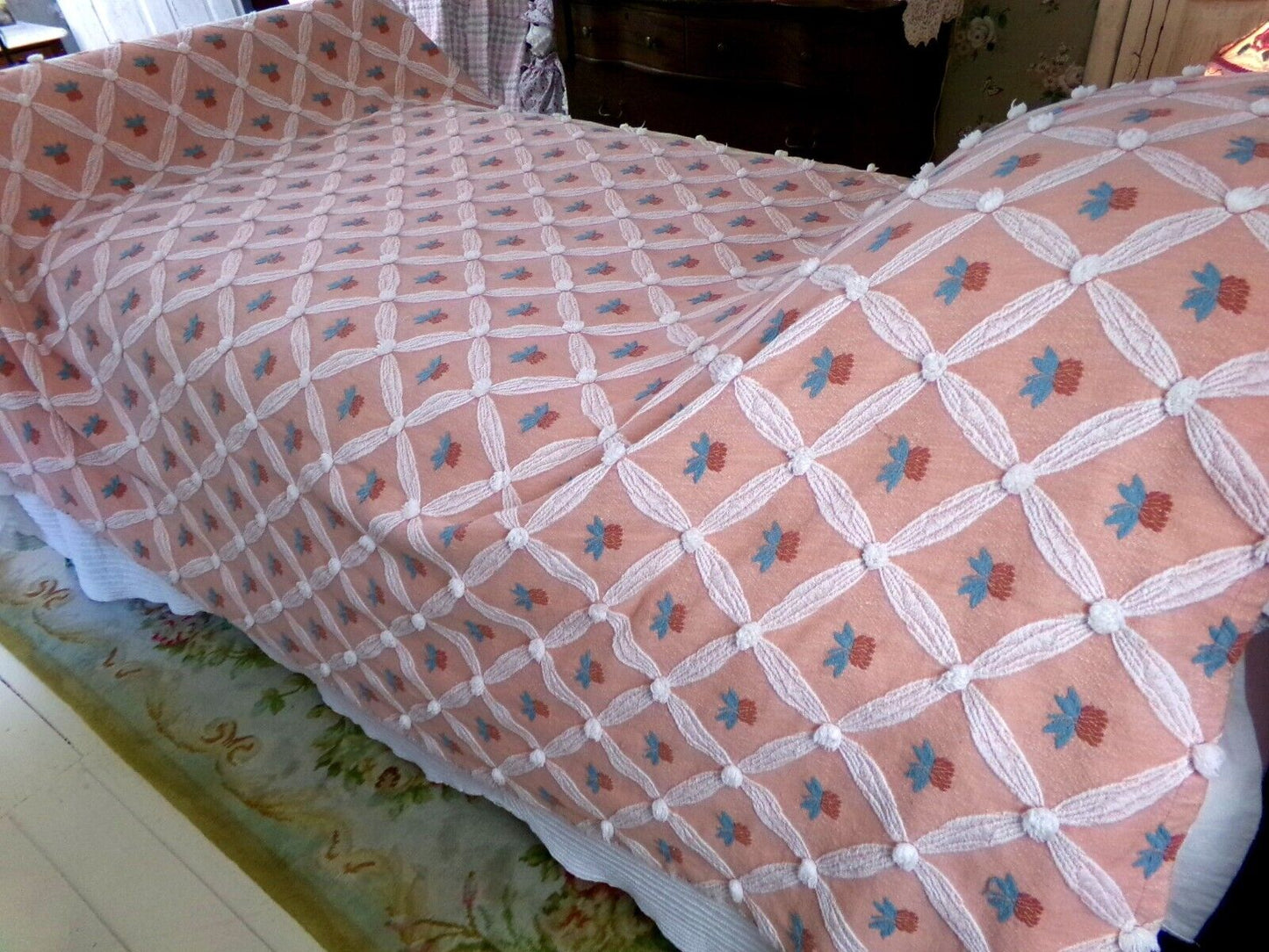 shabby chic style Vintage woven & chenille bedspread, coral rose twin coverlet