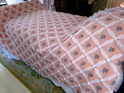 shabby chic style Vintage woven & chenille bedspread, coral rose twin coverlet