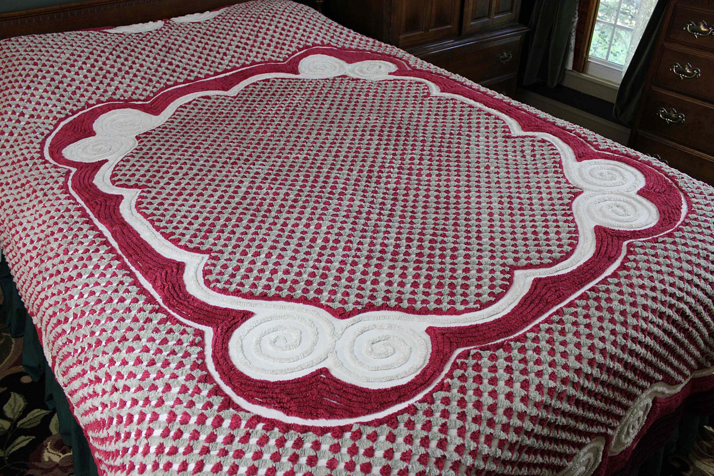 Plush Luxury Chenille Bedspread, Exceptional Vintage Bedding in Ice Grey, Berry Red & Dove Gray, Heavyweight FULL Size Bedding