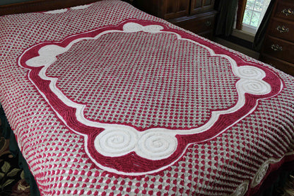Plush Luxury Chenille Bedspread, Exceptional Vintage Bedding in Ice Grey, Berry Red & Dove Gray, Heavyweight FULL Size Bedding