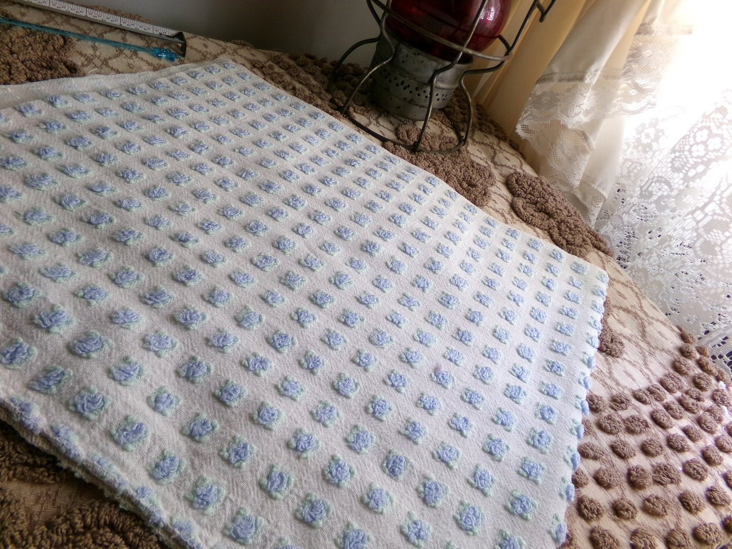 Miniature Blue Rosebuds Vintage Chenille Quilt Fabric, 12" x 29" inch Piece, Micro Roses on Lightweight Cotton