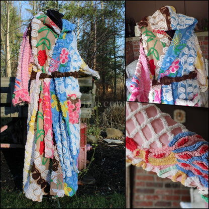 Shabby Patchwork Vintage Chenille Robe, Ladies M/L HOODED Bathrobe, Upcycled Art to Wear