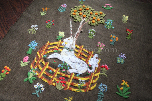 Unicorn in Captivity Completed Paragon Embroidery, Rare Crewel Stitchery, Medieval Old World Tapestry Style Adaptation