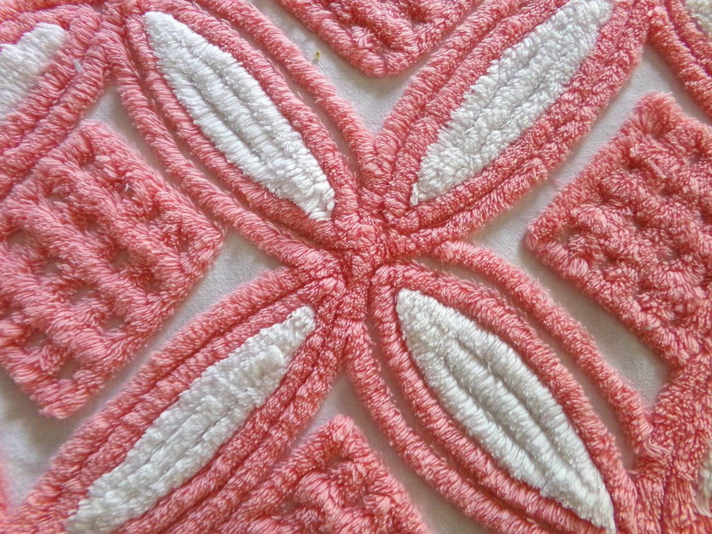Plush Pink & White Vintage Chenille Fabric, 24" x 30" Inch Piece, 100% Cotton, Optic Wedding Ring Pattern, Great for DIY Pillows