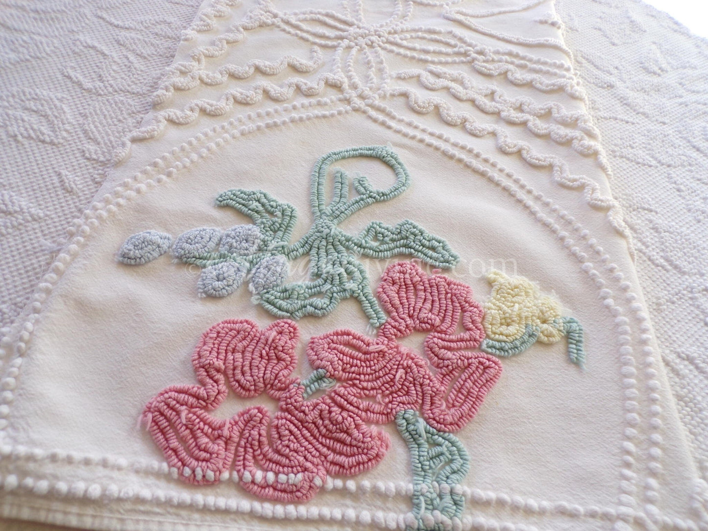 Magical Cottage Chic Lily Vintage Chenille Quilt Fabric Piece, 18" x 25" inches, Pretty in Pillows