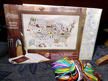 AMERICA the BEAUTIFUL Vintage Crewel Embroidery Kit USA Map Paragon Stitchery 0434