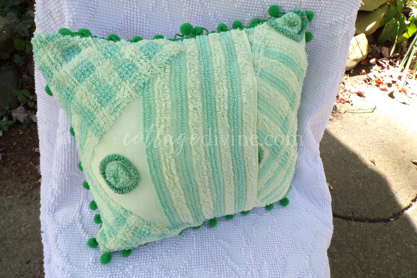 Tropical Bungalow Vintage Chenille Pillow Cover 12" x 12" inch Square, REVERSIBLE Palm Tree Design Accent Pillow & Insert with Pom Pom Trim