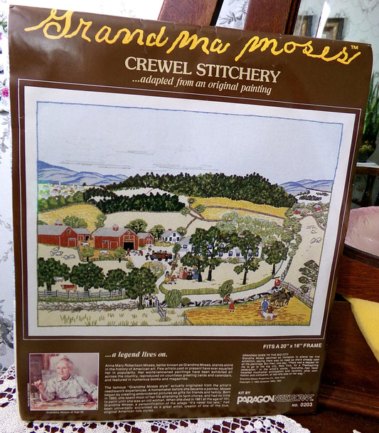 GRANDMA GOES to the Big CITY Crewel Embroidery Kit, Vintage Grandma Moses Paragon Needlecraft Creative Stitchery #0203