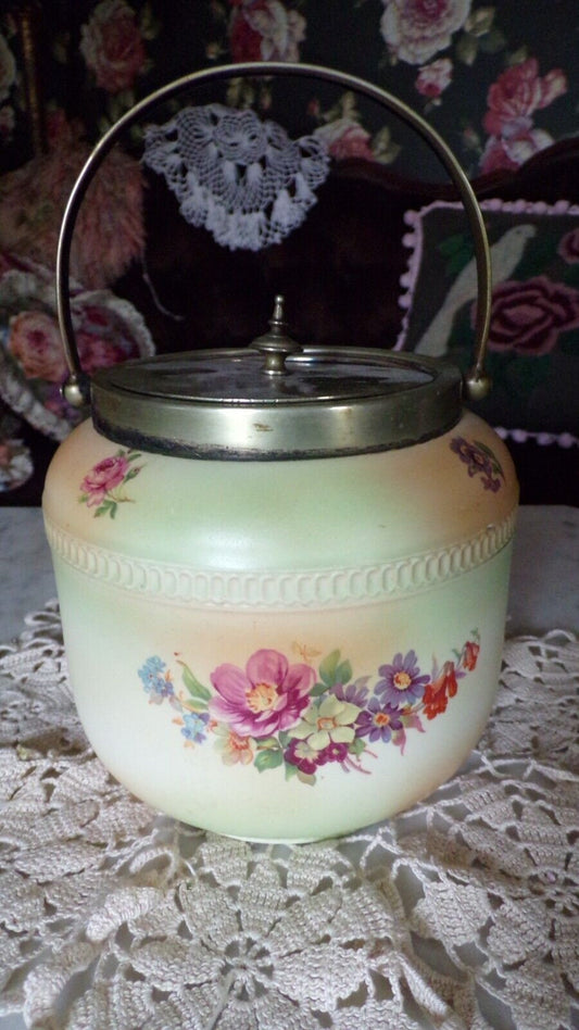 Antique Biscuit Jar Victorian Vintage Crown Devon England Rose Floral Porcelain