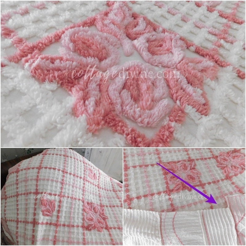 Fantasy Rose Vintage Chenille Bedspread, Pink & White, Integrated Ruffle Skirt, Fitted Full Size