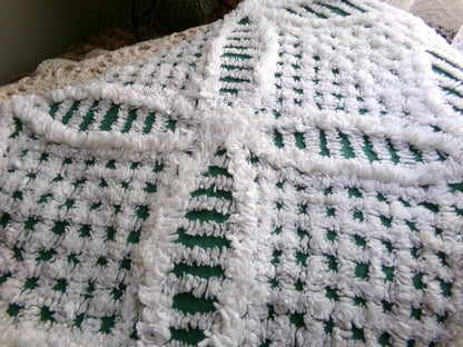 Plush Lush Green & White Vintage Chenille Fabric, 18" x 26" inch Piece, Wedding Ring Design for Christmas Crafts, Pillows, Quilts