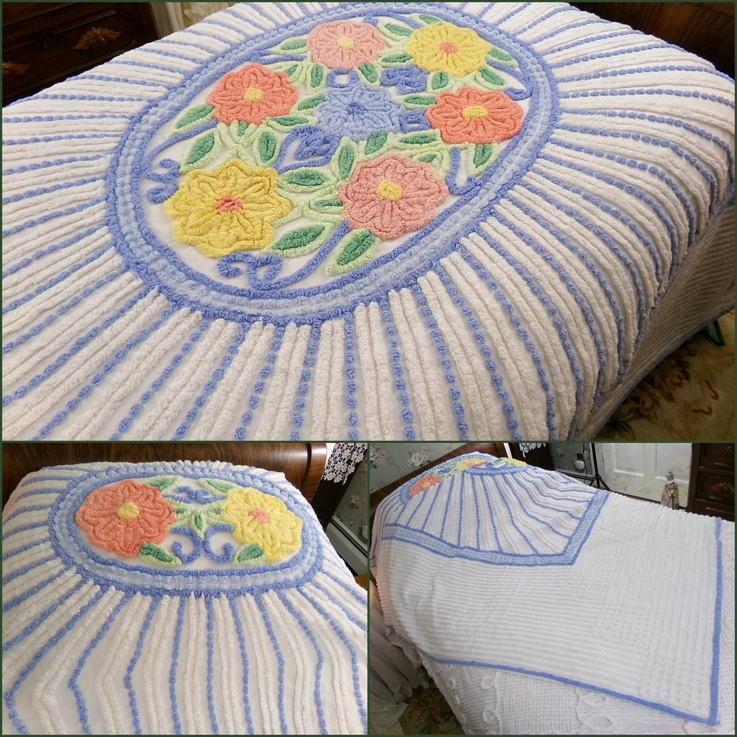 vintage full size chenille bedspread in blue & white colorful cameo starburst florals