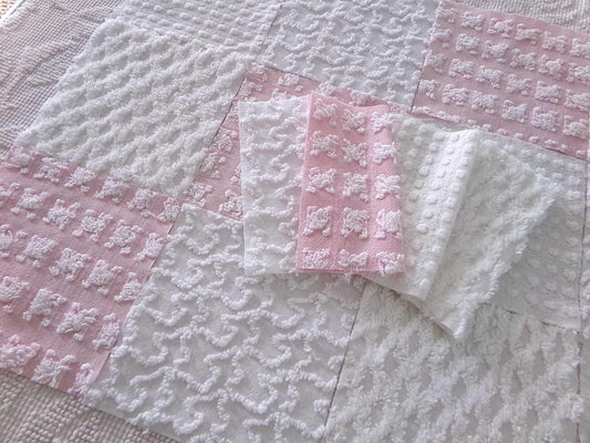 angel feathers chenille fabric squares, pink & white rosebud, lattice, dots, squiggles, vintage square set of 16 quilt blocks, 6" x 6" inch